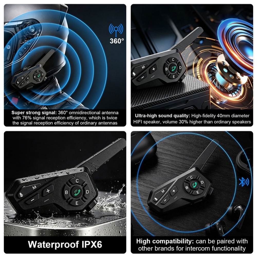 Motorcycle Helmet Intercom 6 Rider - X6 오토바이용 블루투스 헬멧 인터콤, 1500m